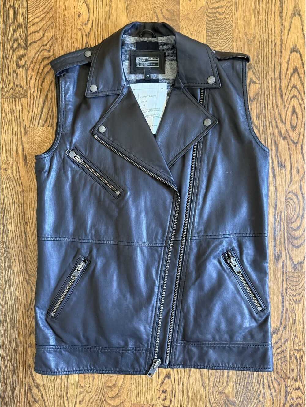 CURRENT/ELLIOTT Lamb Leather Biker Vest Black S Full Zip Zip/Button